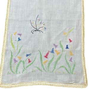 Linen Table/Bureau/Dresser Runner Embroidered‎ Flowers Butterflies Crochet Trim